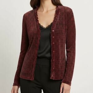 Coldwater Creek Velvet Burnout Cardigan 1X Deep Red Ruffle Trim Whimsigoth Sheer